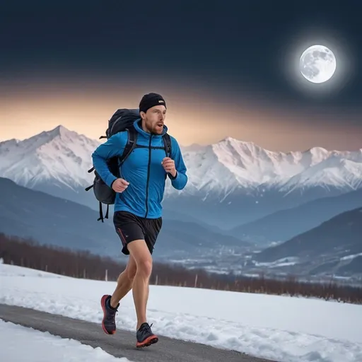 Prompt: A high-definition photo of running at  the evening, a Caucasian man with a running backpack who. Against the background of snowy mountains. In windy weather. He runs with running sticks on his hands. There are sports nutrition gels in the pockets of his backpack. The full moon is visible in the background. The runner has a very athletic body. A runner in black shorts and a blue T-shirt. The backpack is red. The photo looks like a fabulous scene.