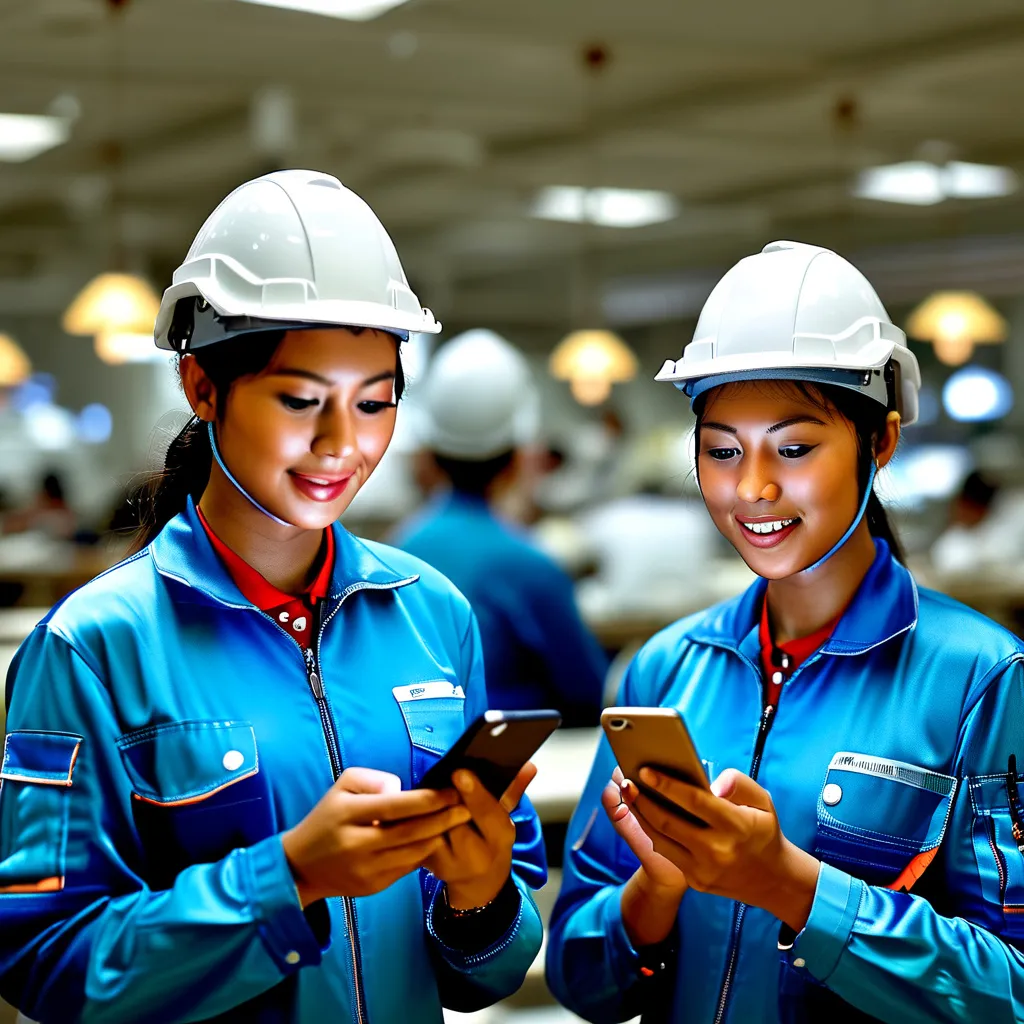 Prompt: Asian factory workers commenting on their work experience during a canteen break using a phone app.


