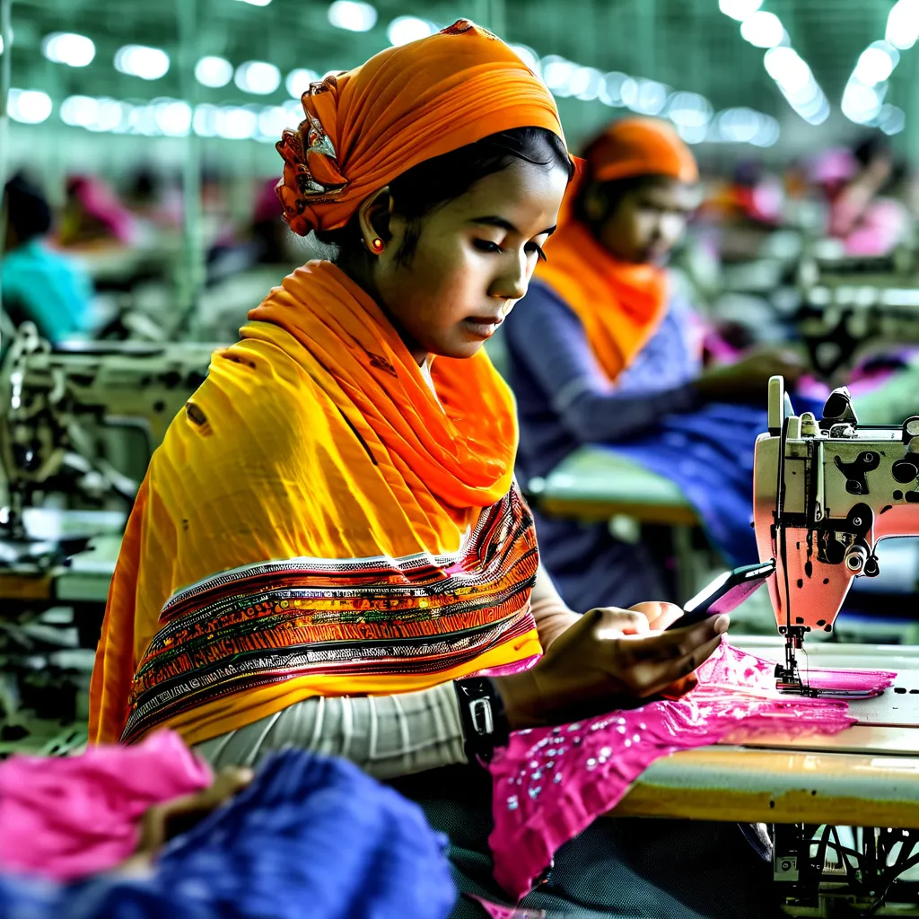 Prompt: Asian garment factory workers commenting on their work experience using a phone app.

Sewing machines visible

