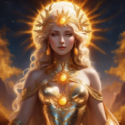 Prompt: It is the image of the goddess of the sun, blonde hair, gold eyes, and the background is the curve of the sun that shines as it embodies the universe