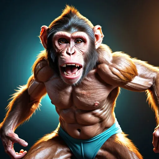 Prompt: Muscular monkey dancing with a protein shake, hyper-realistic digital illustration, dynamic movement, vibrant colors, high energy, detailed fur and muscles, intense facial expression, professional, highres, dynamic, hyper-realism, vibrant colors, detailed anatomy, energetic lighting
