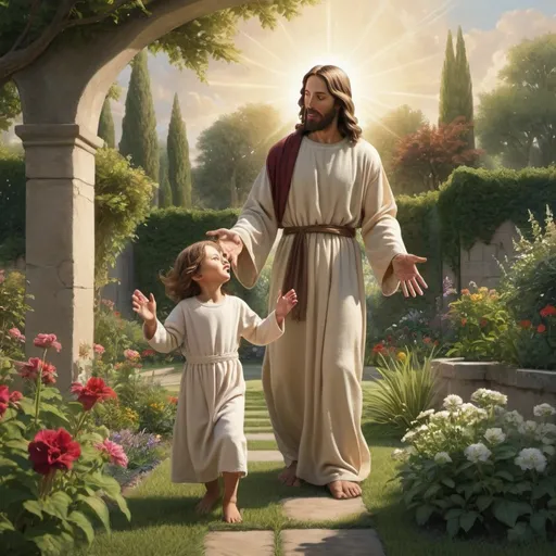 Prompt: "Create a high-quality, detailed image with advanced levels of detail and a cinematic style depicting Jesus Christ playing with his mother in a garden while God watches from the heavens."