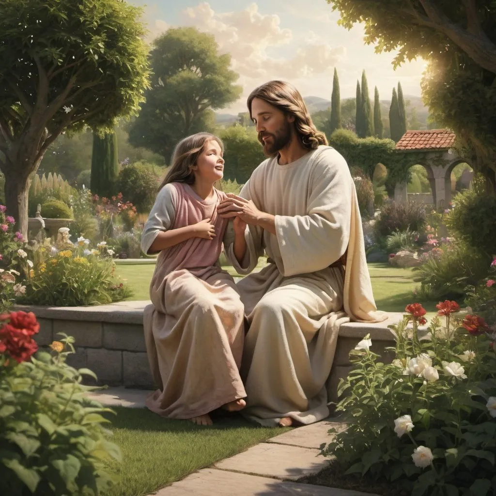 Prompt: "Create a high-quality, detailed image with advanced levels of detail and a cinematic style depicting Jesus Christ playing with his mother in a garden while God watches from the heavens."