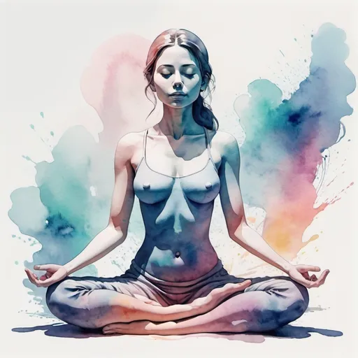 Prompt: line art of a woman in a meditation position. Watercolor background of abstract splashes