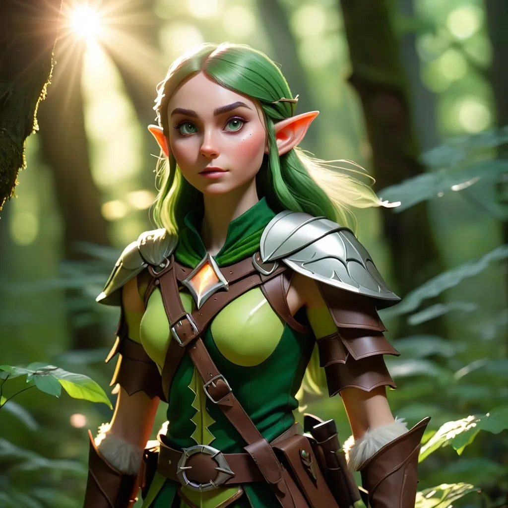 Prompt: Elf ranger in a mystical forest around sunlight