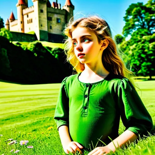 Prompt: (ultra-detailed) lush green lawn, majestic ancient castle in the background, warm sunlight casting gentle shadows, vibrant colors highlighting the lush greenery, serene ambiance with a hint of nostalgia, detailed stone textures of the castle, wildflowers dotting the lawn, soft breeze rustling the grass, high-quality, vivid scenery, picturesque landscape.