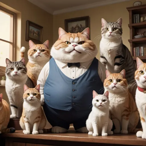 Prompt: Super realistic style, cat expressions and movements are anthropomorphic, exaggerated: the plot includes a fat cat’s happy family