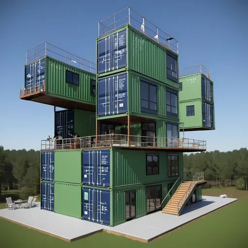 Prompt: Generate a 360° Arial 3D model view to start evolving into a more detailed view of a virtual model building design of a two story structure where the entire structure is arranged in a hexagonal design utilizing shipping containers where a large foyer is in the middle of the hexagonal design where containers are arranged in multiple different widths and configuration amongst each hexagonal side of the structure. Building Structure also contains 3 40' vertical aligned containers for access stairs, elevator, and observation look out at the top of each.  Structure utilizes green technology equipped with solar panels, vertical wind turbines mounted at the top of each container tower, and rooftop gardens integrated. Infinity swimming pool and hot tub created with shipping containers and include see through horizontal panels into the build. Building is primarily residential retreat located in a rural forest area. 

Video narrative description of the structure and specifications should be in a female voice and of a quality to submit for a building application approval preview plan.
