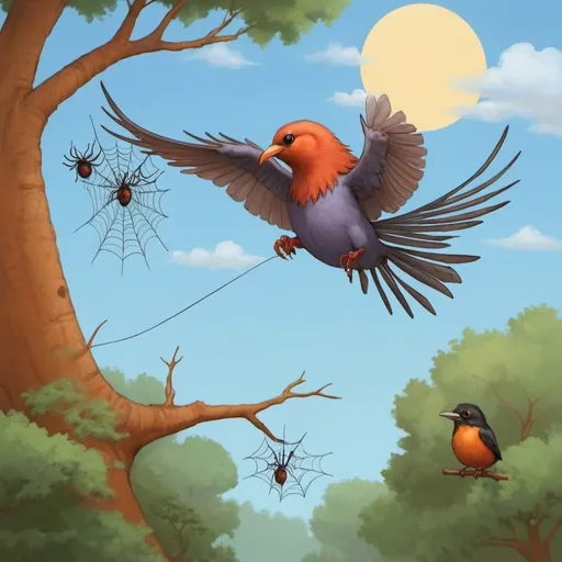 Prompt: a bird flying over a tree with another bird below it and another bird below it with a spider on its tail, Daphne McClure, net art, 2 d game art, a storybook illustration
