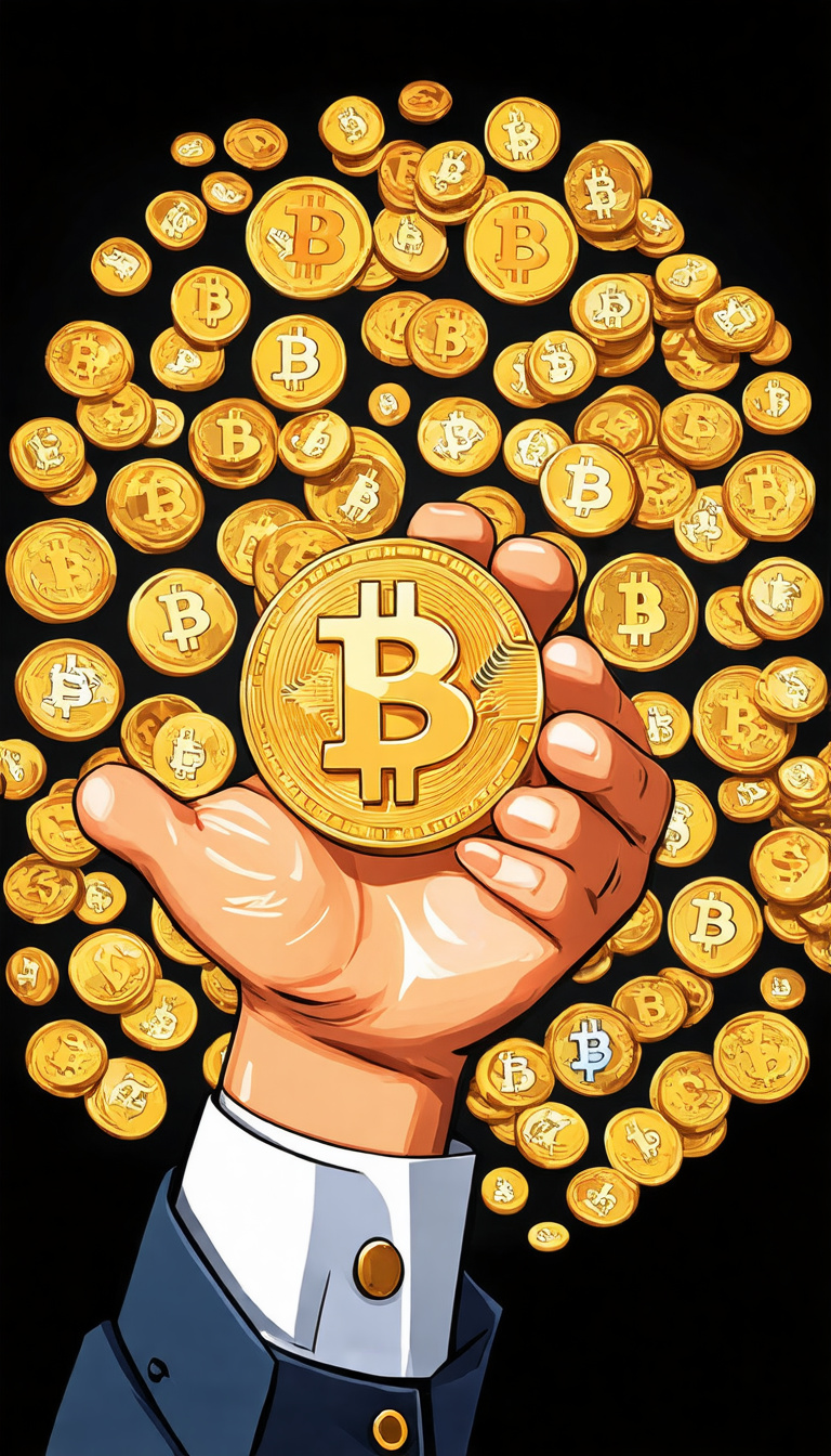 Prompt: a hand of bussinesman holding bitcoin and surrounded by many cryptocurrency coin and meme token