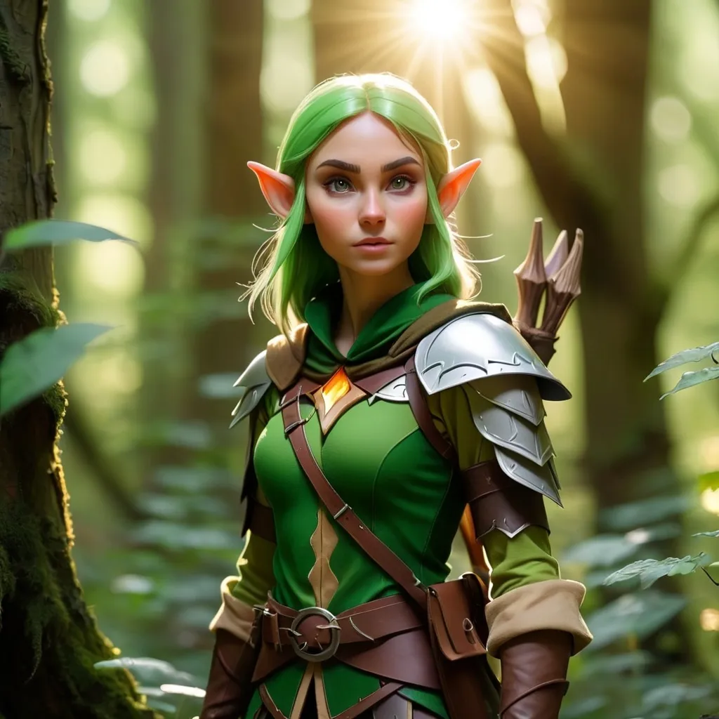 Prompt: Elf ranger in a mystical forest around sunlight