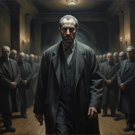 Prompt: Man walking in the council of the ungodly, oil painting, ominous atmosphere, dark tones, detailed facial features, dramatic lighting, high quality, oil painting, ominous, dramatic lighting, detailed facial features, dark tones, atmospheric, professional