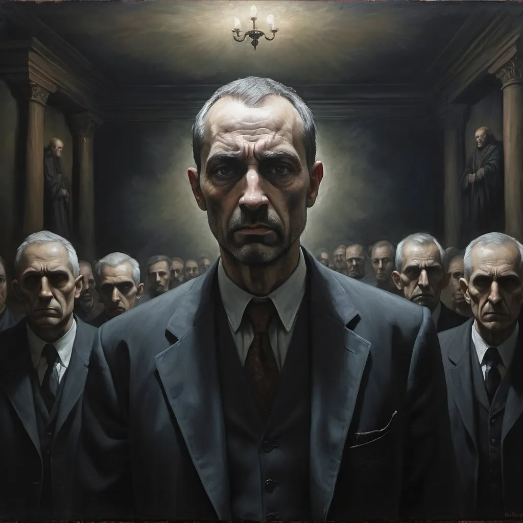 Prompt: Man walking in the council of the ungodly, oil painting, ominous atmosphere, dark tones, detailed facial features, dramatic lighting, high quality, oil painting, ominous, dramatic lighting, detailed facial features, dark tones, atmospheric, professional