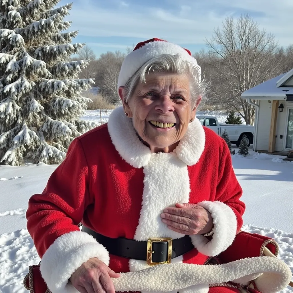 Prompt: Juanita is in a snowy landscape. She is riding in Santa Claus sleigh. She is holding the reins.  Juanita looks more like Mrs. Claus. No beard.