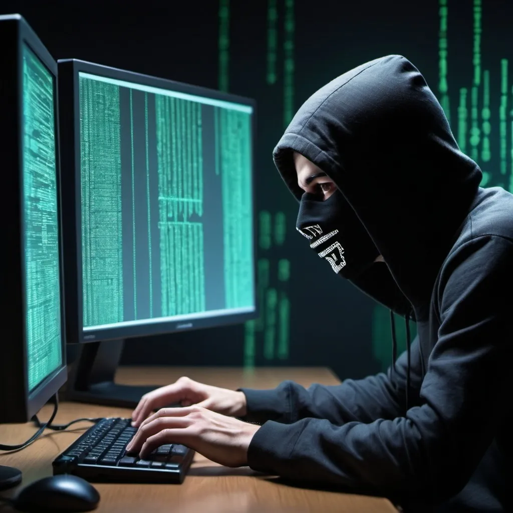 Prompt: Depict a hacker attack with a figure in a hacker mask seated in front of a computer monitor. The monitor should display a detailed and complex hacking process targeting a corporation. The screen could show lines of code, progress bars, or visual indicators of the hacking attempt. The scene should convey a sense of intensity and secrecy, with the hacker’s focused demeanor and the high-stakes nature of the cyber attack being central to the image