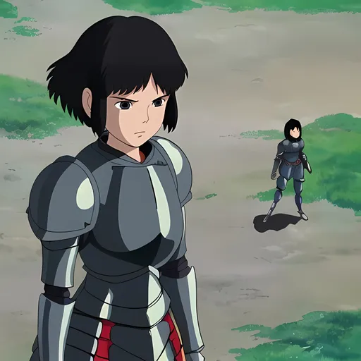 Prompt: Dark short haired female with armor enter in the battlefield 