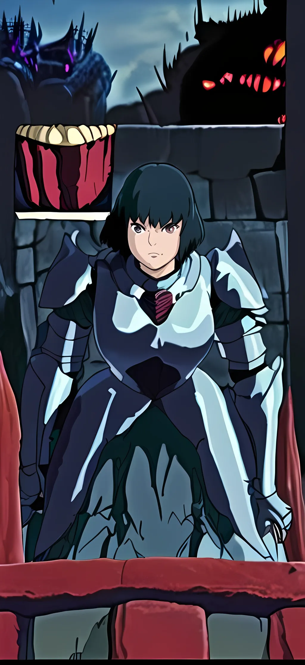 Prompt: 
Dark short haired female with  dark armor enter figh against colossal dark knight