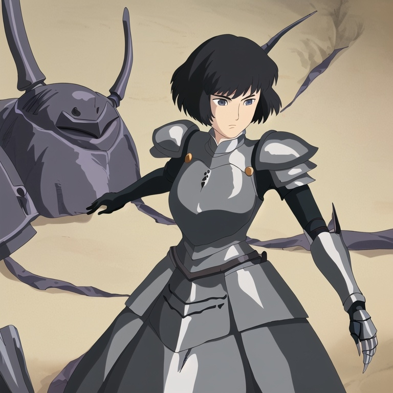 Prompt: Dark short haired female with armor enter in the battlefield 