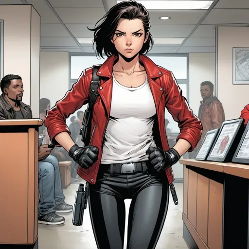 Prompt: A girl in a white t-shirt and red leather jacket, wears fingerless gloves and casually holds a holster.  He is wearing black leggings and sneakers.  With a healthy body, he's ready for any adventure that comes his way, with AI to accompany him on his way. comic book
