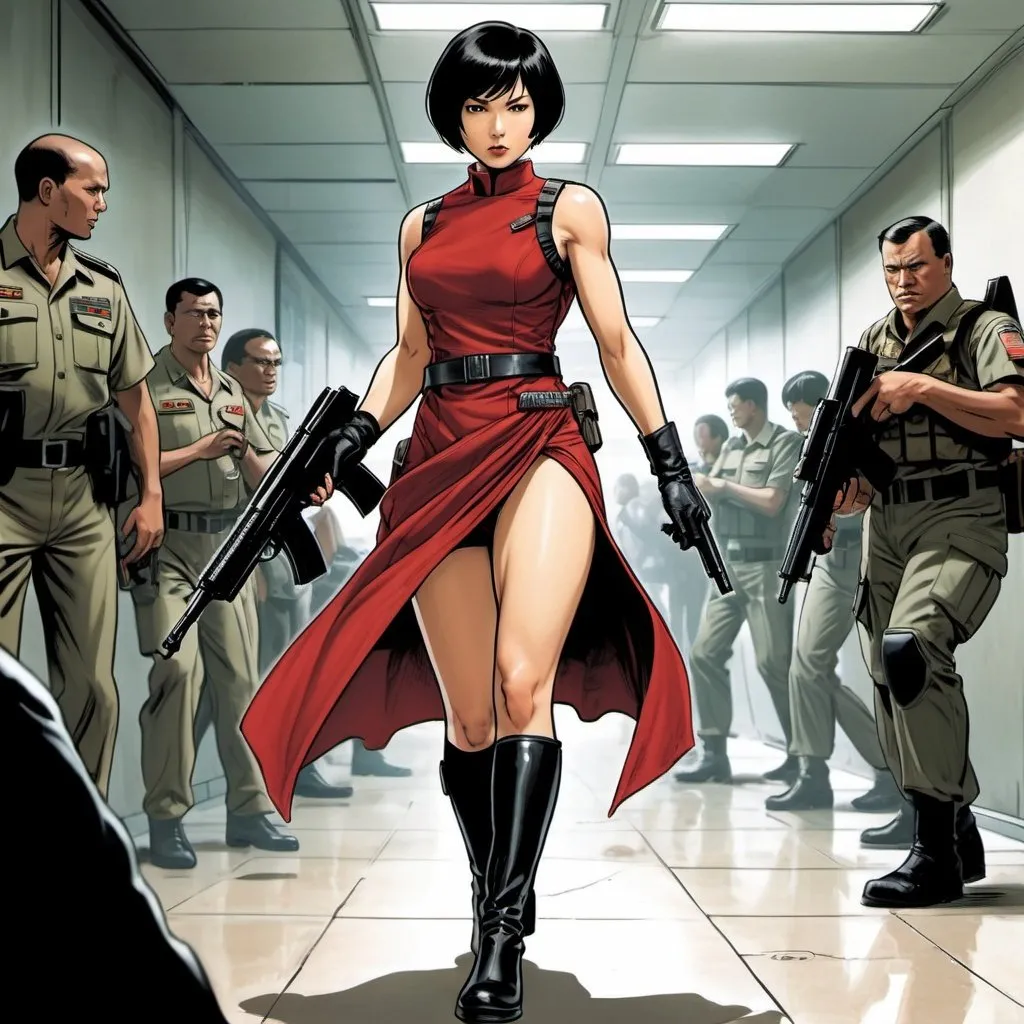 Prompt: An advanced artificial intelligence is observing a female commando.  With short black hair and a long red dress, she is advancing in a ready and eager manner.  Her hand is holding a short glove and black high-heeled boots are moving steadily.  In his hand is a professional handgun, ready to use for any mission.  He is like ada wong .comic book