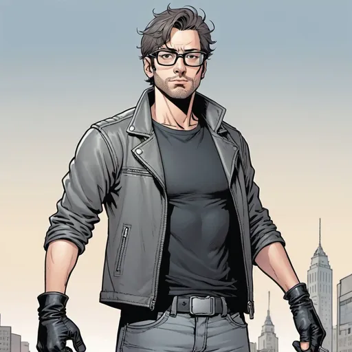 Prompt: A man in a black t-shirt and gray leather jacket, with simple glasses over his eyes, wears fingerless gloves and casually holds a holster.  He is wearing black leggings and sneakers.  With a healthy and fit body, he's ready for any adventure that comes his way, with AI to accompany him on his way. comic book