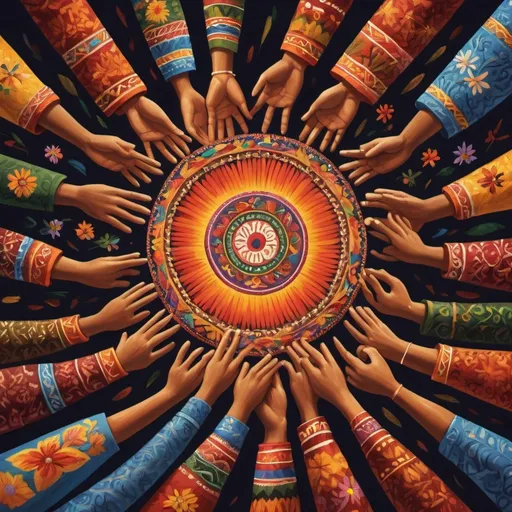 Prompt: Circle of people holding hands, traditional folk art, vibrant colors, intricate patterns on clothing, high quality, detailed, traditional, folk art, colorful, unity, community, joyful expressions, cultural diversity, festive atmosphere, celebratory, lively, traditional dance, rhythmic movement, cultural heritage, warm lighting