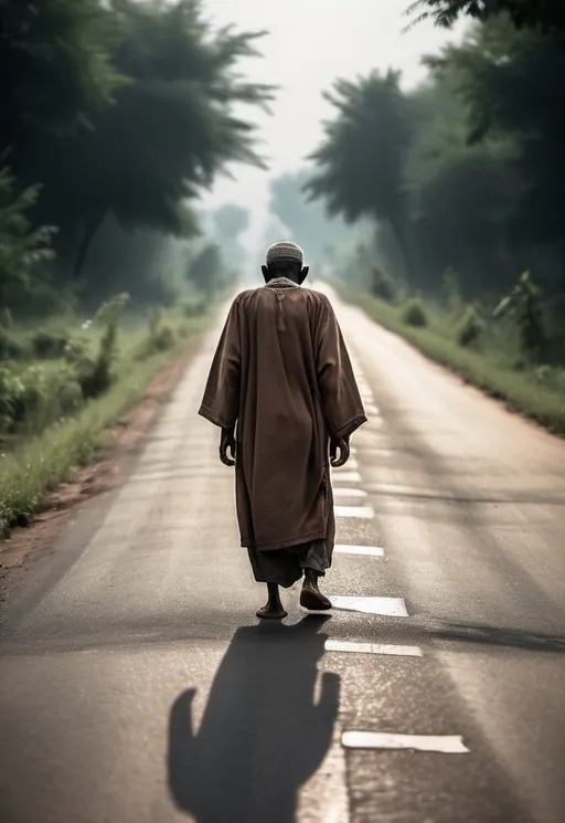 Prompt: A poor believer is walking on the road