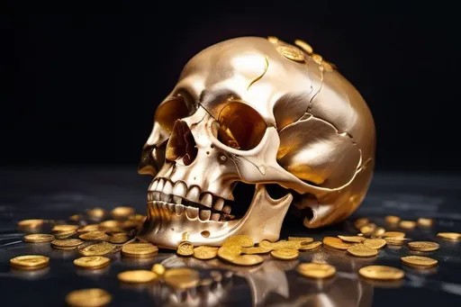 Prompt: Crystal Rose plant grown, inside the Mouth of Human skull, glossy floor, spilled with gold coin, High quality definition, perfect Refined facial features. 