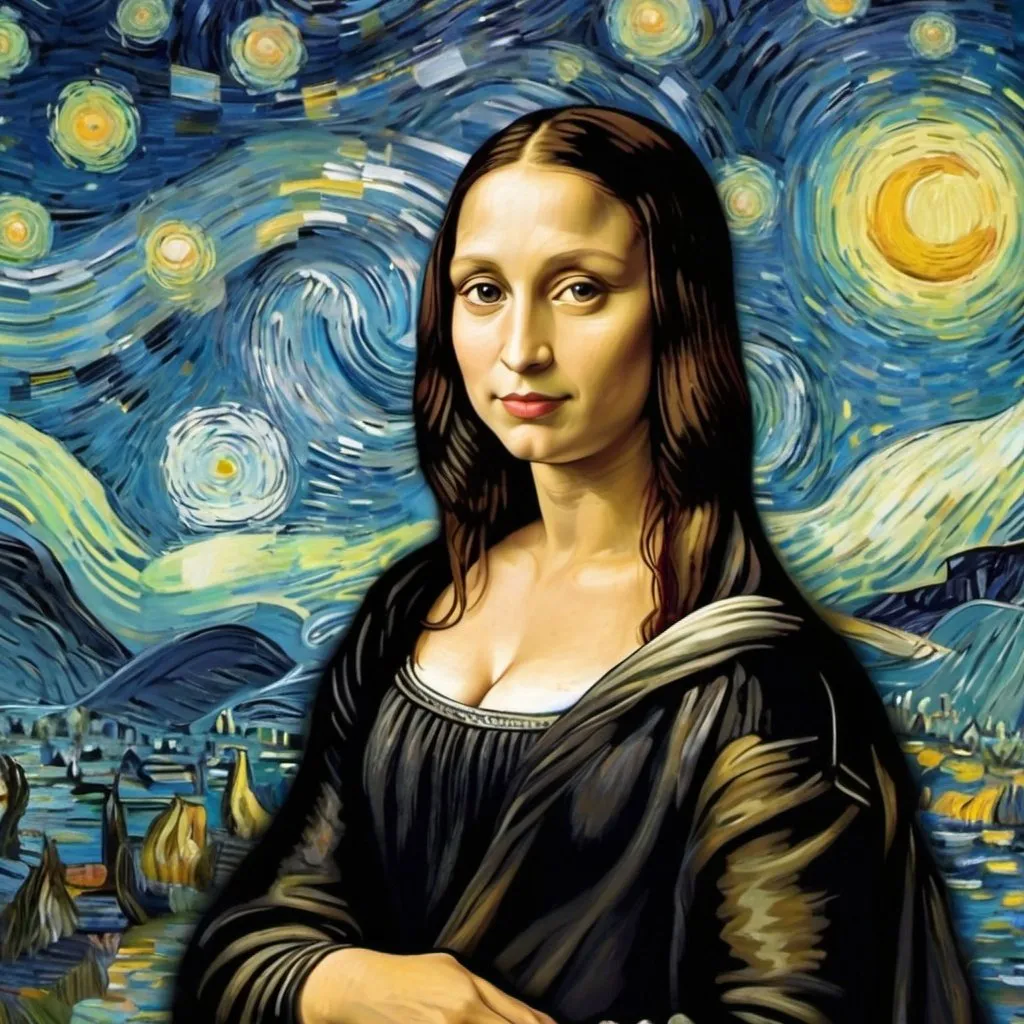 Prompt: mona lisa inside starry night by van gogh