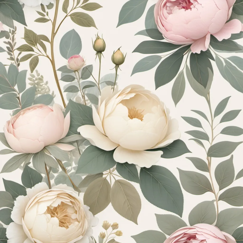 Prompt: Imagine a lush garden captured in soft. This cover features an exquisite array of tempera-painted botanicals— roses, wild peonies, and sprigs of eucalyptus—intertwined across a soft ivory background. Each flower and leaf is in pastel tones, creating a soothing and harmonious look. Golden accents, like tiny dew drops, catch the light subtly, adding a luxurious touch to the natural elegance.