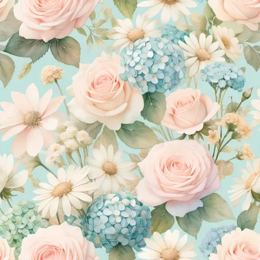 Prompt: "A cover filled with a delicate array of blooming pastel flowers, including roses, hydrangeas, and daisies, in soft shades of blush pink, baby blue, and mint green. Each flower is meticulously shaded to create a gentle watercolor effect, set against a warm ivory background. Tiny golden leaves are scattered among the flowers, adding a refined sparkle that makes the cover feel both elegant and serene.