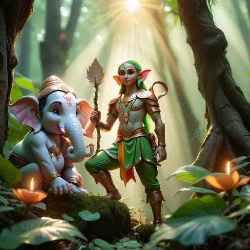 Prompt: Elf ranger in a mystical forest around sunlight with ganesha