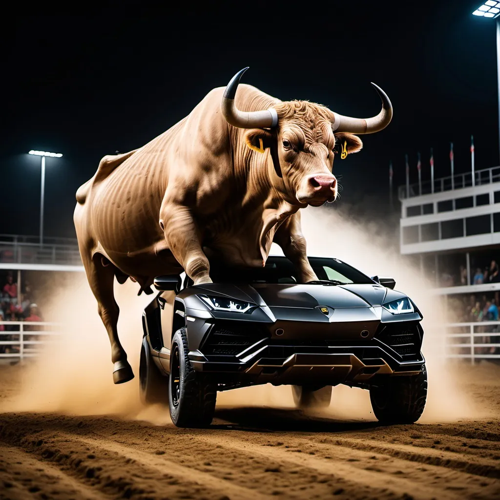 Prompt: A bull riding a lamborghini during the night