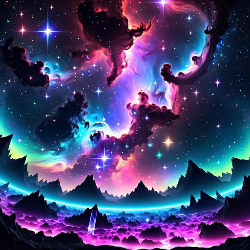 Prompt: A fantasy skybox with a clear, starry night and vibrant nebulae, the ground is glowing crystals