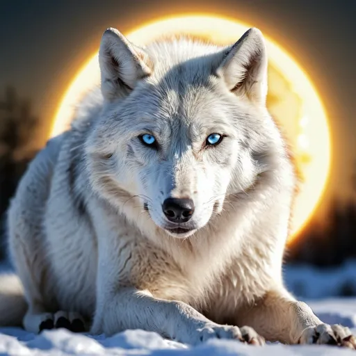 Prompt: White wolf with blue eyes. Big sun. Full body view. Realistic. High quality. HD