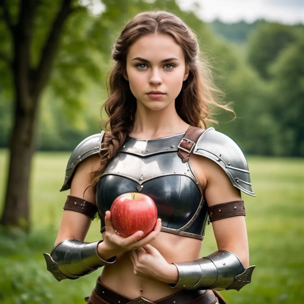 Prompt: A beauty young woman, have perfectnatural body, normal form, she a Warrior have a shield to left hand, she eating an Apple, her sword on her back