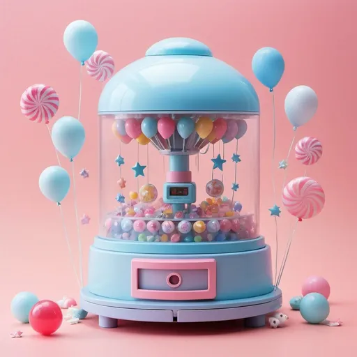 Prompt: Create a soft and vibrant scene for the cover, with a background featuring a gentle gradient of pastel pink and sky blue, reminiscent of the moment when the sky meets the dawn. In the center of the cover, present a captivating gashapon machine that catches the children's eyes. This gashapon machine should have a soft and bright color with a sparkling effect, as if beckoning the children. The machine is adorned with little stars and candies. Inside the machine, there are many colorful gashapon capsules, each containing various stationery items and toys. Downside of the machine there is a coin slot and a opener to get the capsules. Middle part there is a handle and some colorful buttons to control the machine. Surrounding the gashapon machine, have some balloons and pinwheels floating around. Their colors should be bright yet soft, complementing the background and evoking a sense of boundless joy and surprise. Leave space above the gashapon machine for the title text in English.