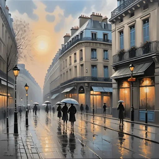 Prompt: smoky Paris oil painting , winter morning with muddy rains with slight dash of sunrise, like Claude Monet style. grey light blue as background color, but sun rise gives a sens of hope ,like new days comes whatever is like in the past