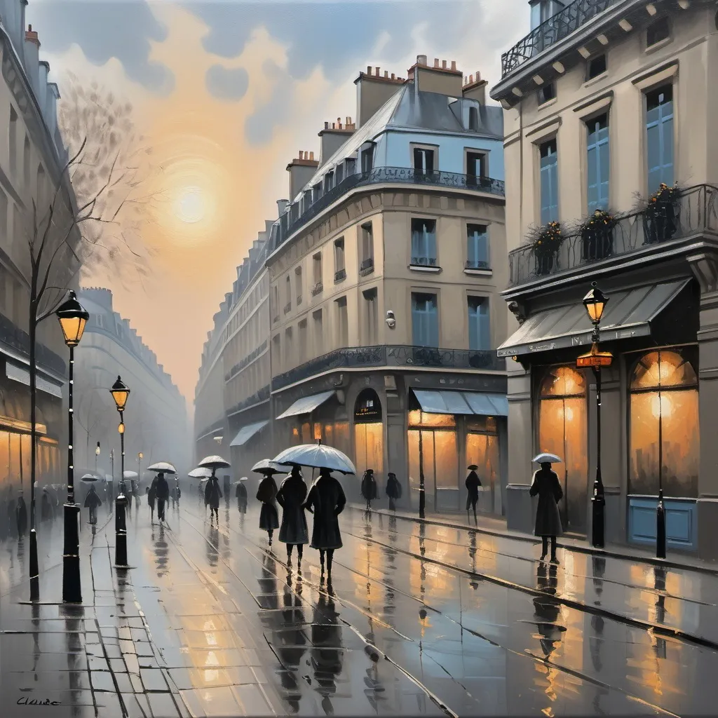 Prompt: smoky Paris oil painting , winter morning with muddy rains with slight dash of sunrise, like Claude Monet style. grey light blue as background color, but sun rise gives a sens of hope ,like new days comes whatever is like in the past