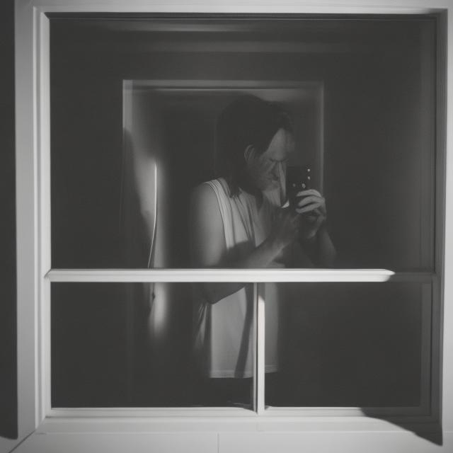 Prompt: Man secretly photographs hotel guests in the dark through a window