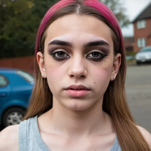 Prompt: Young transgender girl with big mak-up
