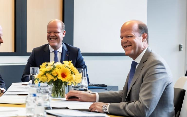 Prompt: German Chancellor Olaf Scholz sits between the two businessmen in the picture laughing very hard at them