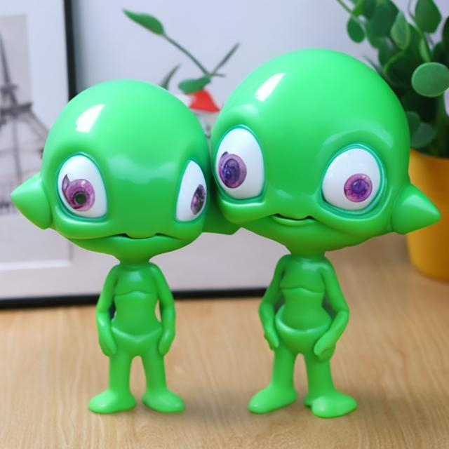 Prompt: Cartoon style plastic funny green artificial alien