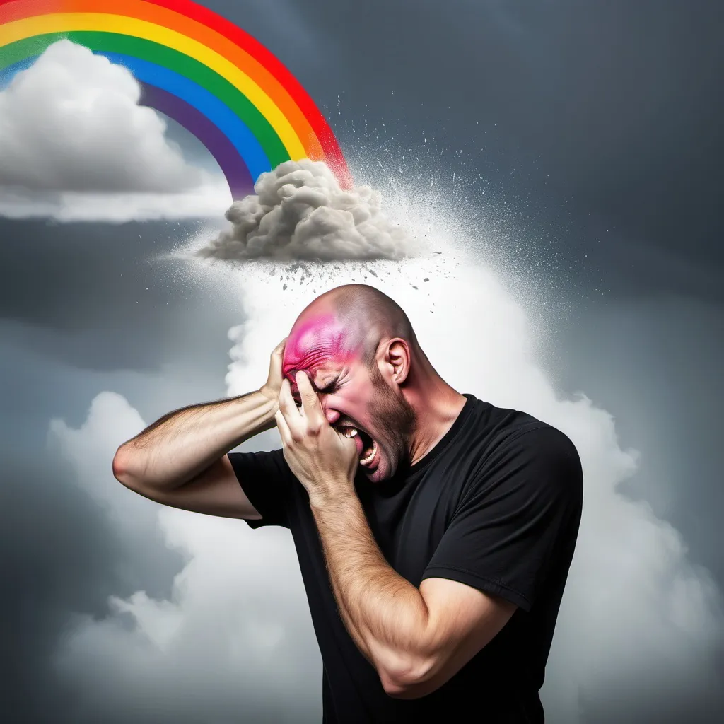 Prompt: An angry man is being pushed on the head by the evil hand of the rainbow