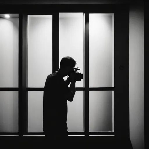 Prompt: Man secretly photographs hotel guests in the dark through a window with a camera