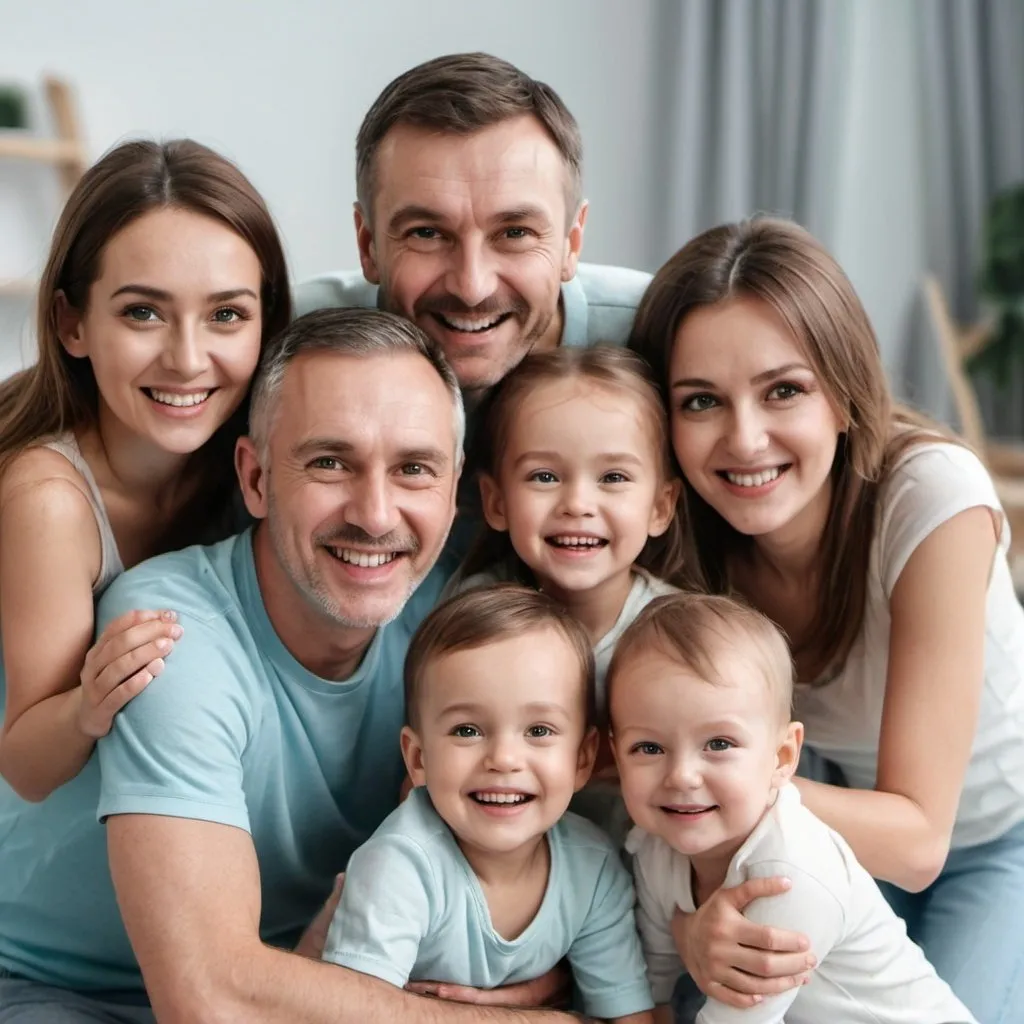 Prompt: Many happy parents smiling and wawing at camera with children