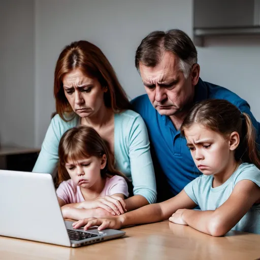 Prompt: Sad family in front of laptop