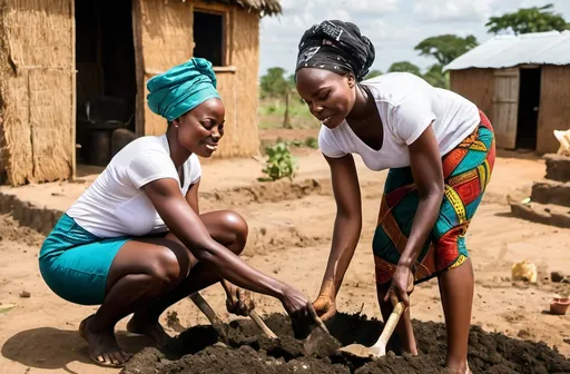 Prompt: two african women hard working
two men comenting  about the hard working black females in african village digging in a farm