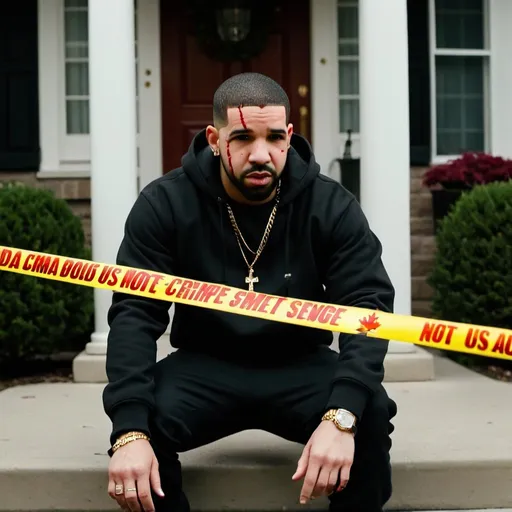 Prompt: not like us Kendrick lamar Song, Drake's canada house in a drive by shooting, drive way with blood stains, body guard shot in chest laying on the floor, Drake watching from the window, 2 am, yellow tape crime scene, Rap song not like us by kendrick lamar
