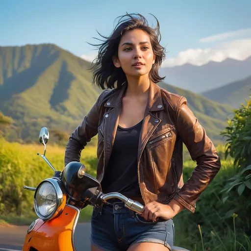 Prompt: From the winding country road flanked by lush greenery and distant blue mountains, a young woman exudes a sense of freedom and adventure as she confidently straddles her striking orange motorbike. Dressed in casual shorts and a light jacket, her dark hair dances gently in the breeze while her expressive eyes reflect curiosity and determination. The scene, bathed in vibrant hues under a partly cloudy sky, captures the essence of a carefree summer day, enhanced by soft, dappled sunlight filtering through the trees. The composition emphasizes the interplay of nature and youthful spirit, leaving a narrative of exploration and spontaneity resonating through the colorful landscape.